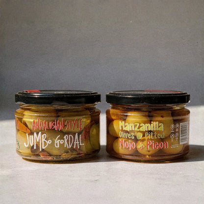 "Andalusian Style & Mojo Picon" Jumbo Gordal & Manzanilla Pitted Green Olives