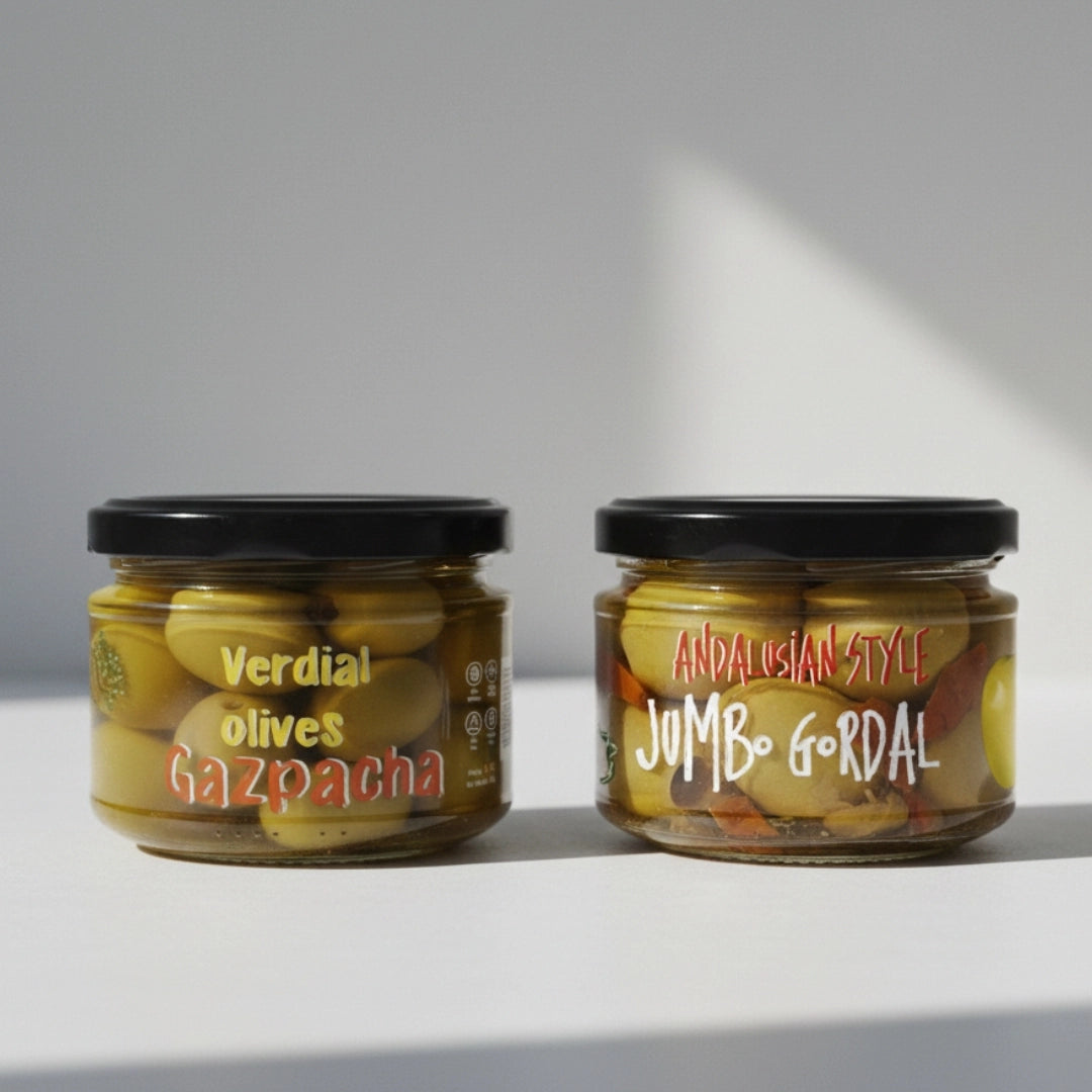 "Gazpacha & Andalusian" Verdial & Jumbo Gordal Green Olives Pitted
