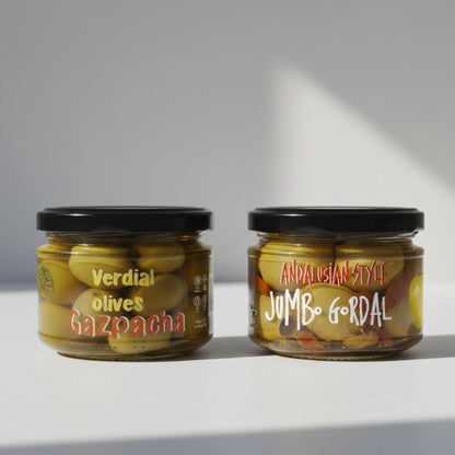 "Gazpacha & Andalusian" Verdial & Jumbo Gordal Green Olives Pitted