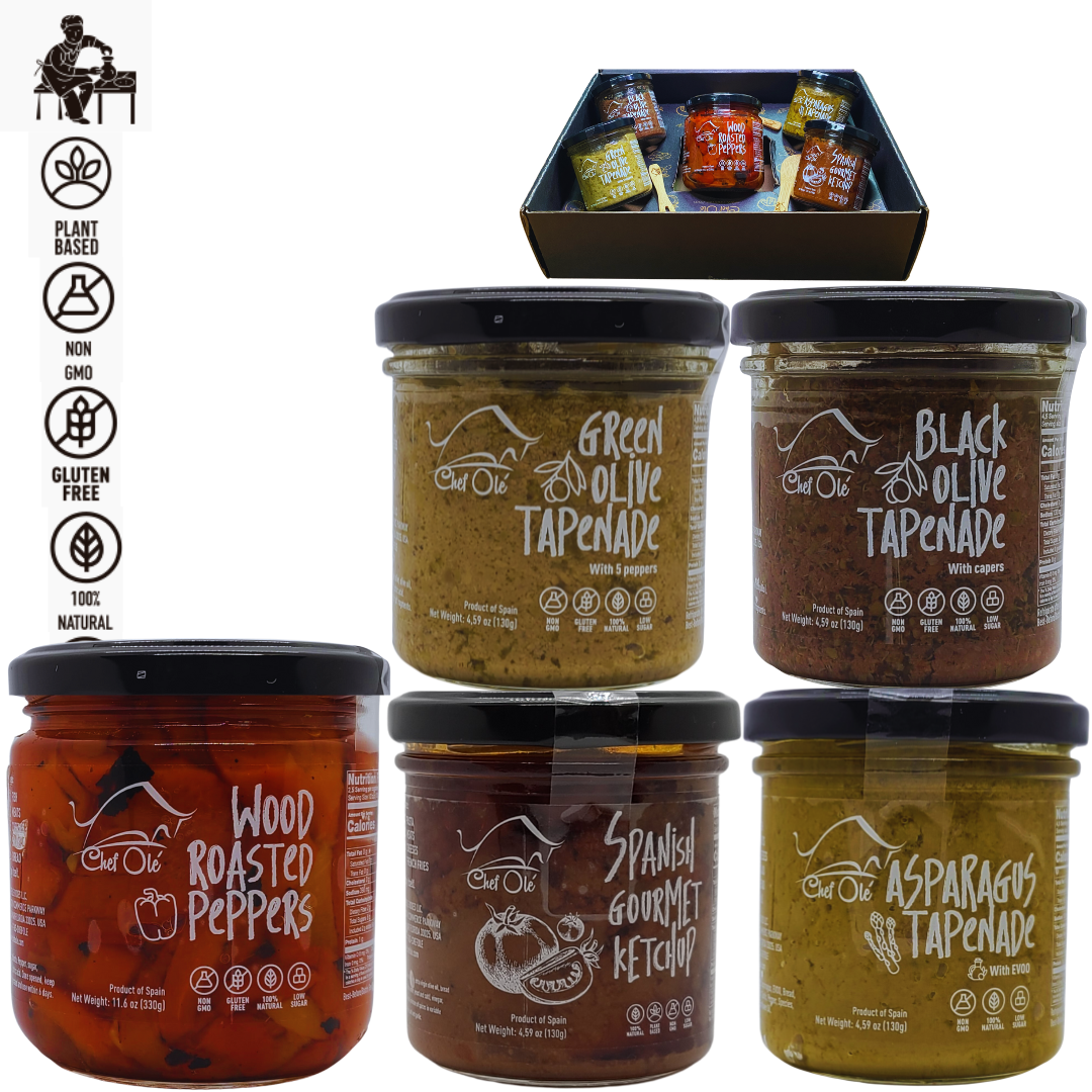 Chef Ole's Party Set of 5 Healthy Tapenades/Dips - Includes Hummus type, Olive Tapenade, Black Olives, Green Olives, Asparagus, Wood roasted peppers, and Spanish gourmet ketchup Snack Pack