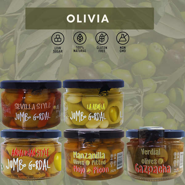 Chef Ole Olivia Olive Fancy Collection-Since 1926-Authentic Gourmet Olive Gift. Spanish marinated variety. 10 oz jar(Pack of 5) for Charcuterie Board. Vegetarian & Foodie Gift Basket from Spain.