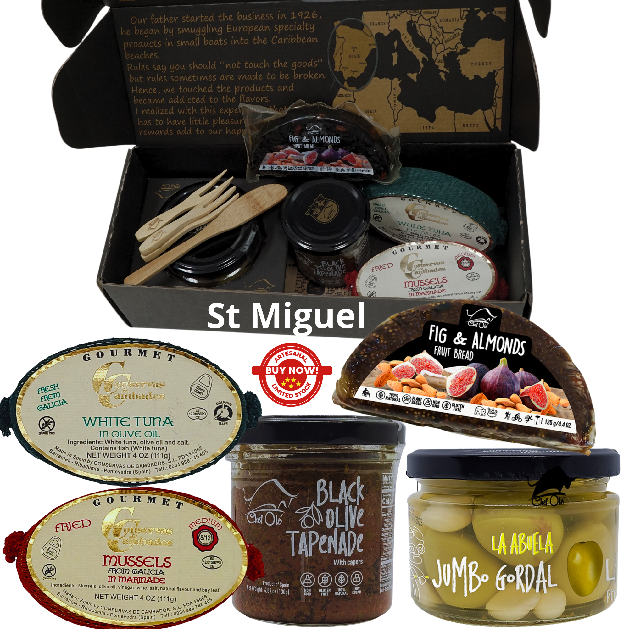 St Miguel Gourmet Gift Basket; 5 Delicious Appetizers, Ready-to-Eat Spanish Conserves and Appetizers; Black Olives, Green Olives, White Tuna, Mussels & Fig and Almond Fruit Bread; Ideal Gift Basket of Gourmet Spanish Food