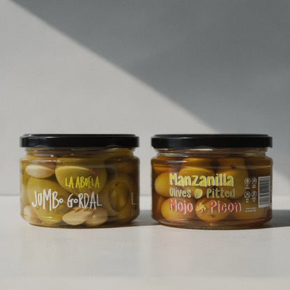"La Abuela & Mojo Picon" Jumbo Gordal & Manzanilla Green Olives Pitted