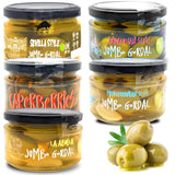 Chef Ole Olivia Gourmet Set of Spanish Olives - 4 Jars Gordal Olives, 1 Jar Caperberries, Gourmet Gift Baskets of Green Olives from Around Spain, Gourmet Olives Selection for Spanish Food Recipes