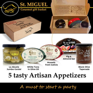 St Miguel Gourmet Gift Basket; 5 Delicious Appetizers, Ready-to-Eat Spanish Conserves and Appetizers; Black Olives, Green Olives, White Tuna, Mussels & Fig and Almond Fruit Bread; Ideal Gift Basket of Gourmet Spanish Food
